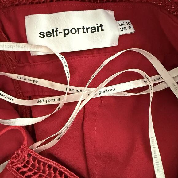 SELF PORTRAIT Floral Blush Lace Guipure Midi Dress in Raspberry Red Size 6 - Picture 9 of 14